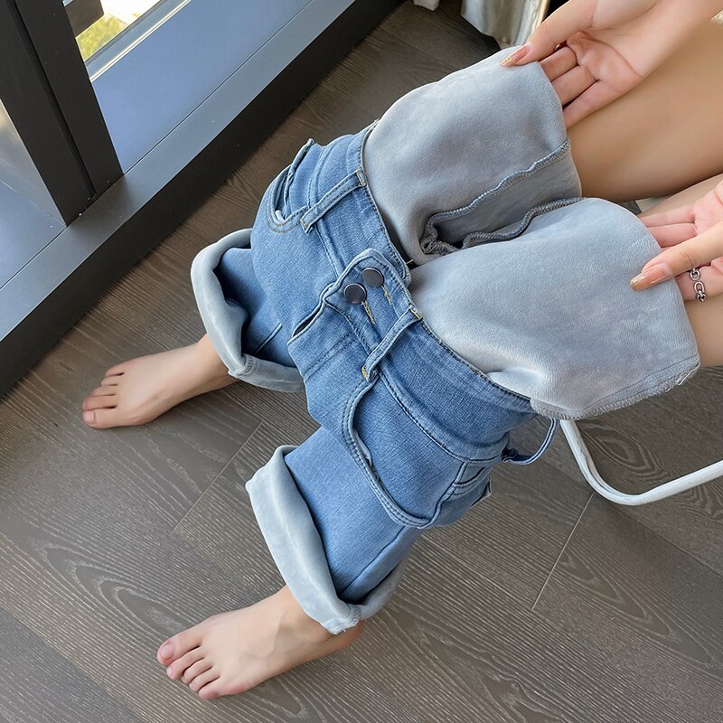 2023 Warm Winter Fleece Warm Pencil Pants Stretch Skinny Jeans Casual Thick Velvet Baggy Jeans High Waist Slim Fit P